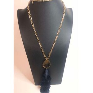 1409 Gold tone Tassel navy flirty statement long necklace 30" long